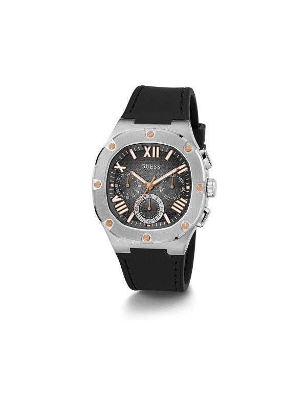 GUESS MUŠKI SAT HEADLINE GW0571G1 - srebrni sat sa gunmetal brojčanikom i crnom silikonskom narukvicom. Stil i funkcionalnost. Kupite online!