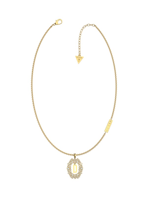 Guess my name GUESS ogrlica za žene boji žutog zlata s priveskom slovo D. Prelepi personalizovani nakit koji podstiče znatiželju i poziva na upoznavanje.