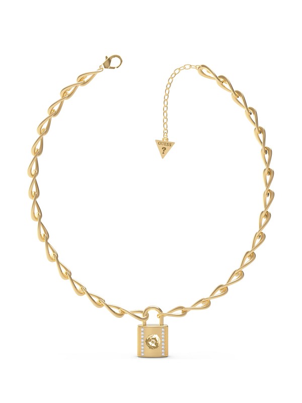 Guess Keep Me Close ogrlica u boji žutog zlata - model urbanog dizajna sa priveskom u obliku katanca sa cvetom, poručite u S&L Jokić online prodavnici.