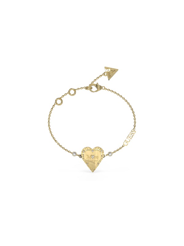 Elegantna "ALL OF US" Guess narukvica u zlatnoj boji sa srcem i natpisom "MOM I LOVE YOU". Idealna za poklon, podesive dužine.