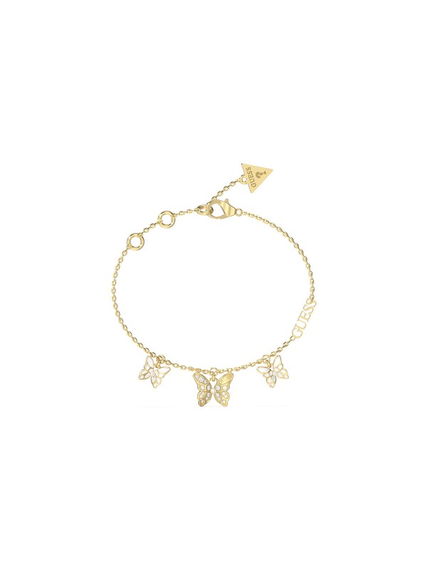 Otkrijte elegantnu GUESS narukvicu "CHRYSALIS" sa leptirićima, izrađenu od zlatnog nerđajućeg čelika, ukrašenu cirkonima i emajlom.